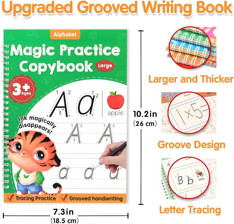 Helsort Large Magic Grooved Practice Copybook for Kids, Reusable Grooved Handwriting Workbook, Learn to Write Number Letter Tracing for Kids Ages 3-8 Kindergarten Preschool Calligraphy 10.2×7.3" - Image 2